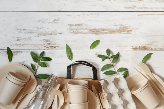 Produtos biodegradáveis, como copos, pratos e talheres, com folhas verdes ao fundo.