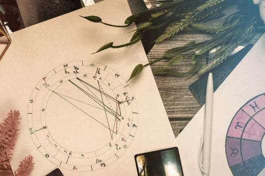 Mapa astral desenhado em papel com símbolos zodiacais e aspectos planetários, ao lado de objetos místicos como plantas, cartas, caneta e outro gráfico astrológico, sobre uma mesa de madeira.