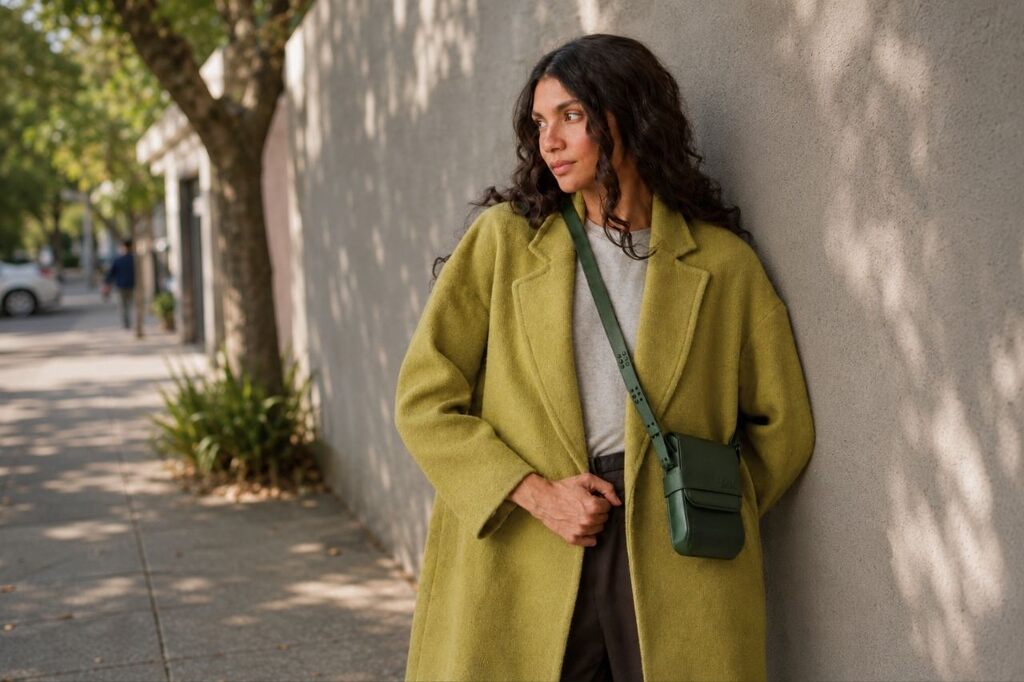 Mulher encostada na parede usando shoulder bag Bolsa Linus Floresta na composição de look urbano
