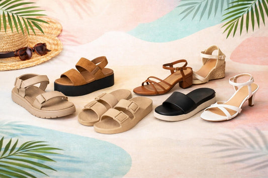 Tipos de sandália mais usados, como rasteira, slide, plataforma e papete em diferentes estilos e alturas