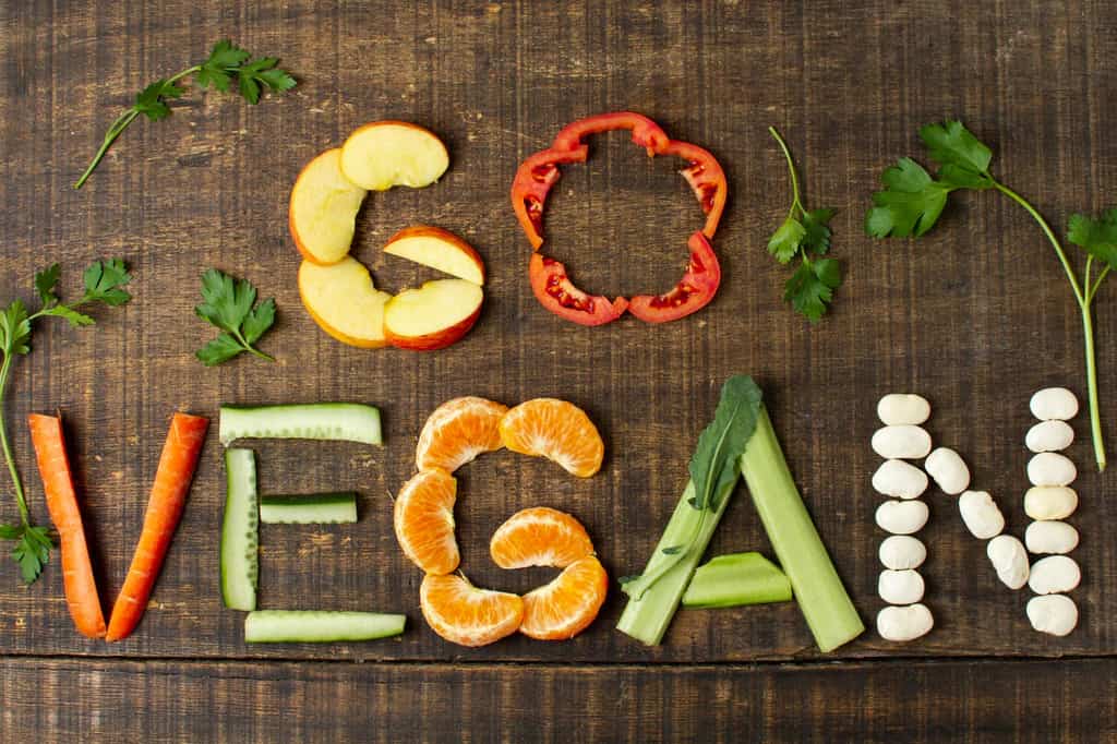 Frutas, legumes e vegetais formando frase 'Go Vegan' sobre uma mesa de madeira escura, com folhas verdes decorando ao redor.